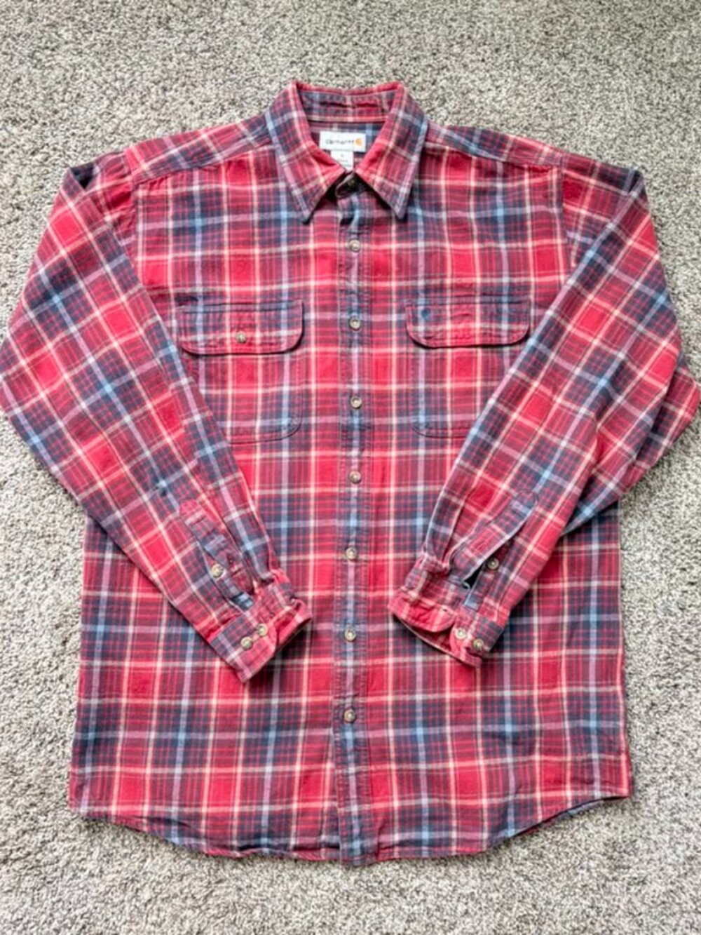 Carhartt Plaid Flannel Shirt L Tall Workwear Red Gray Cotton